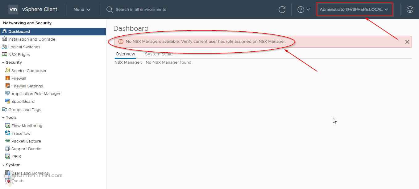 “No NSX Managers available. Verify current user has role assigned on NSX Manager.”