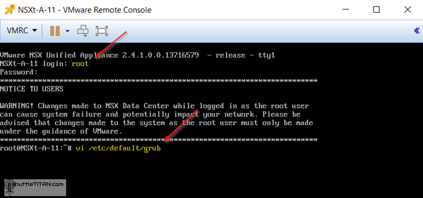 Configure NSX-T Manager VM to display “GRUB Menu” to prep for “root” password reset in an emergency!